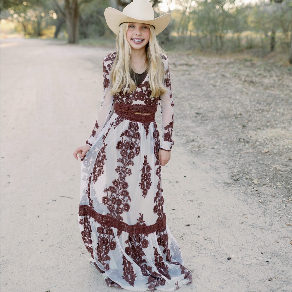 Altar’d State State Elegant Brown and White embroidered top + maxi